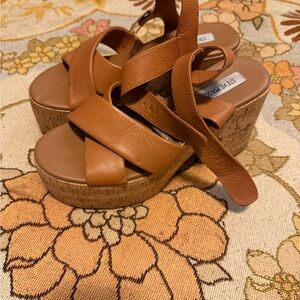 Steve Madden Cognac Leather Cork Wedge Sandals